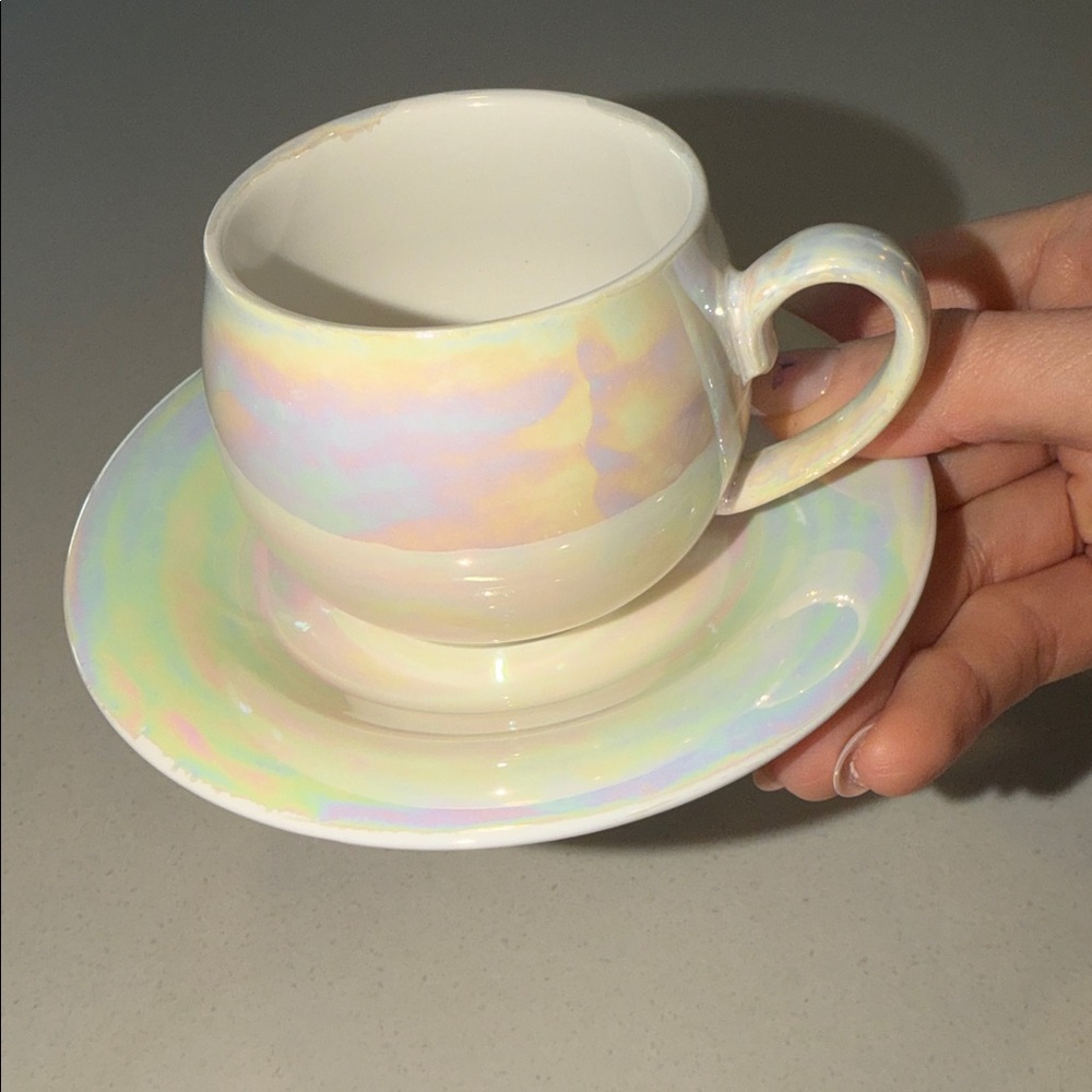 Iridescent Pearl White Teacup and Saucer Set